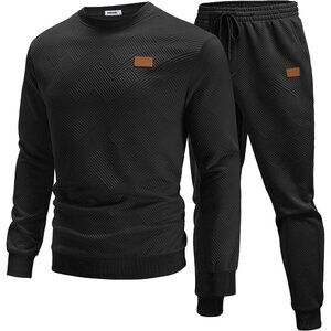 Men's 2 Piece Sweat suit Jogging Suit Sets Long Sleeve Jacquard Shirt Black
